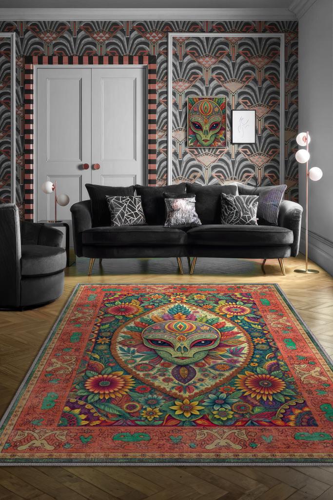 Homshtag Ailen Figürlü Korku Temalı Uzaylı Salon Halısı Mor Renkli Oturma Odası Halı Konsept Halı