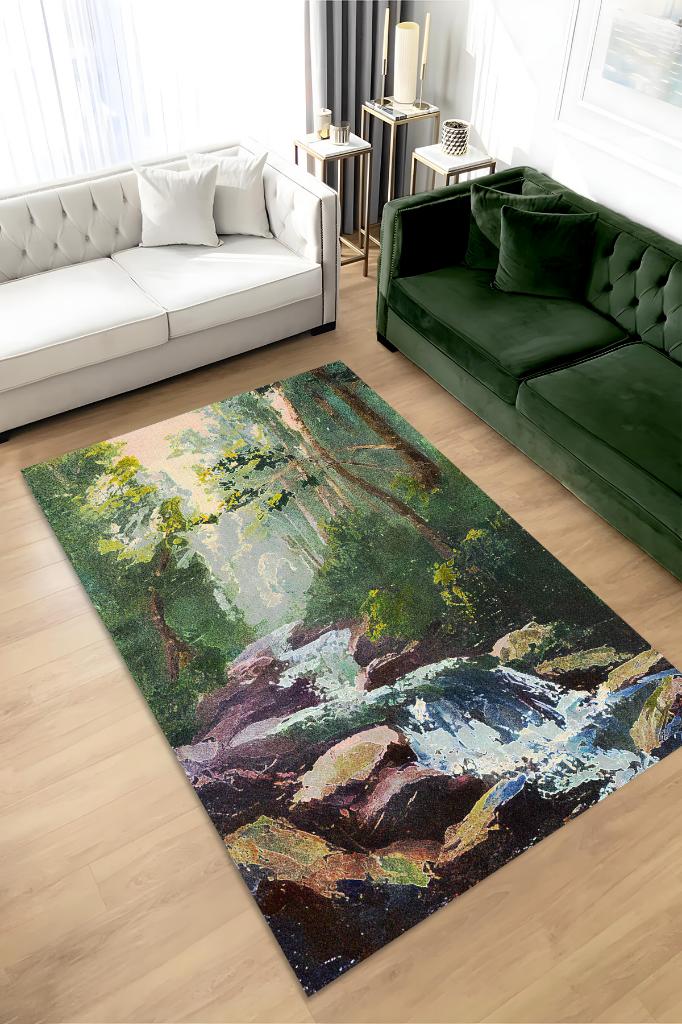 Homshtag Akarsu Çok Renkli Halı Manzara Temalı Figürlü Salon Halısı Dijital Baskılı Tasarım Halı