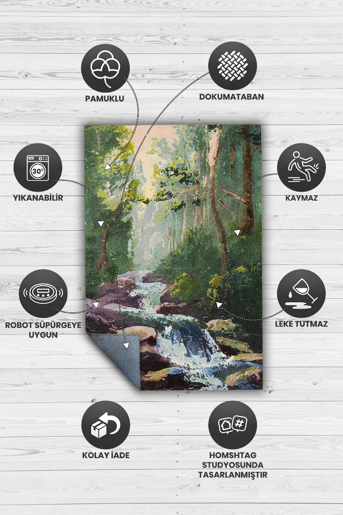 Homshtag Akarsu Çok Renkli Halı Manzara Temalı Figürlü Salon Halısı Dijital Baskılı Tasarım Halı