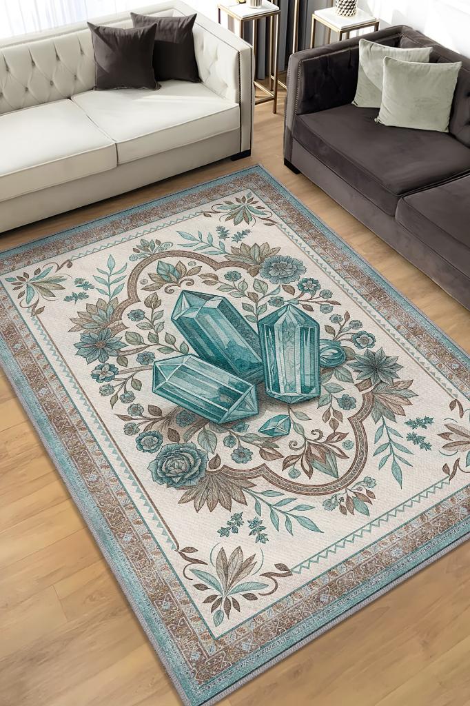 Homshtag Akuamarin Taşı Halısı Krem Mavi Aura Renkli Enerji Taşı Figürlü Halı Spiritüel Temalı Modern Halı