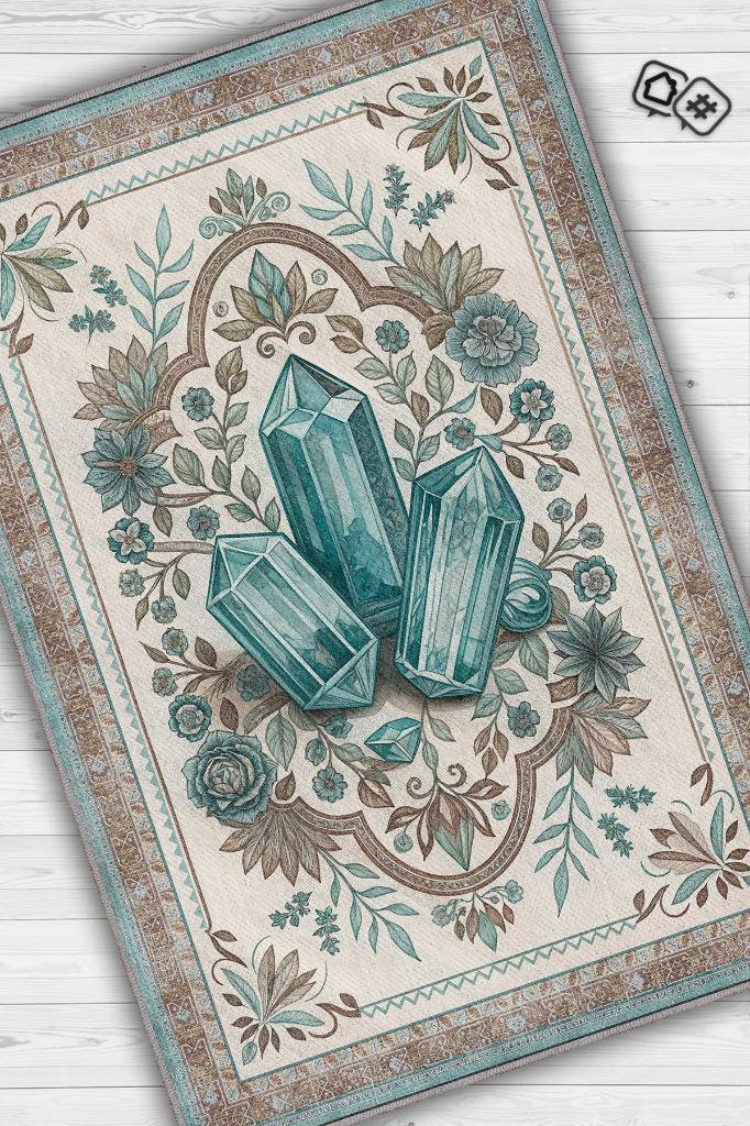 Homshtag Akuamarin Taşı Halısı Krem Mavi Aura Renkli Enerji Taşı Figürlü Halı Spiritüel Temalı Modern Halı