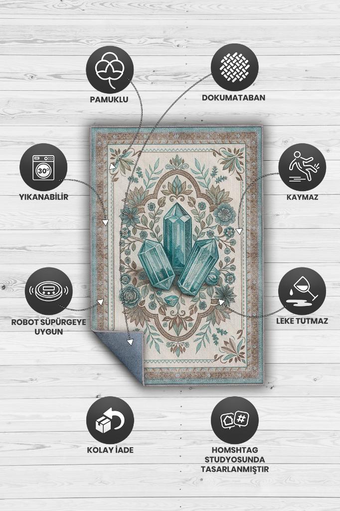 Homshtag Akuamarin Taşı Halısı Krem Mavi Aura Renkli Enerji Taşı Figürlü Halı Spiritüel Temalı Modern Halı