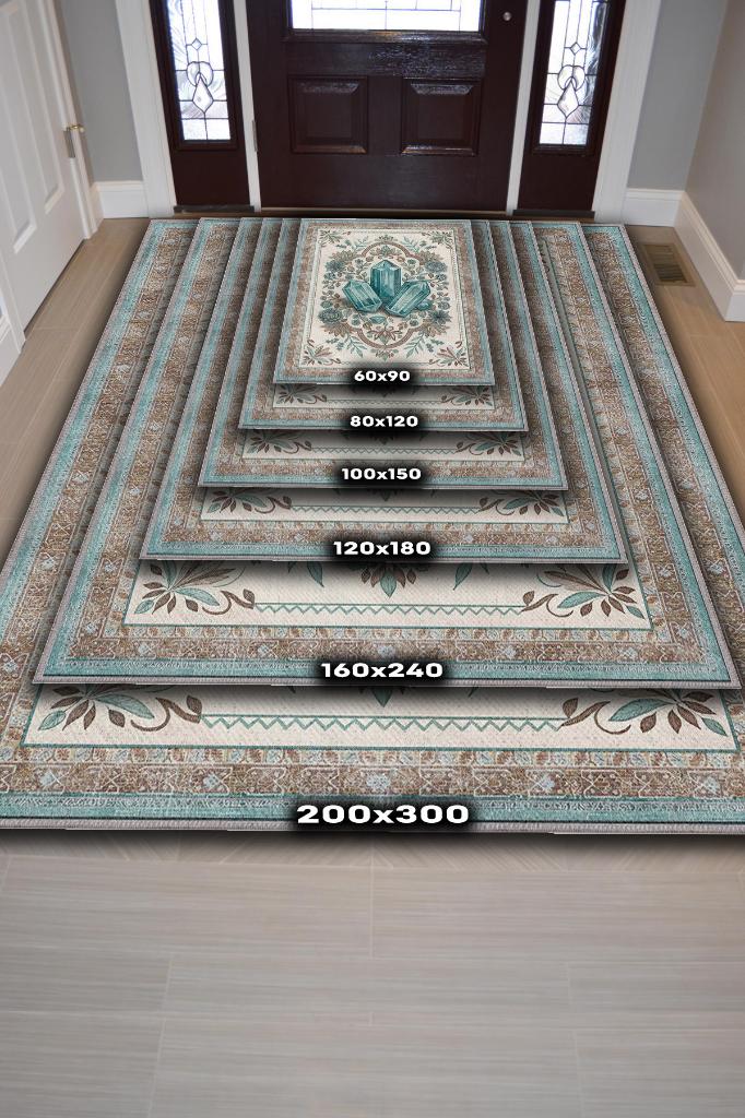 Homshtag Akuamarin Taşı Halısı Krem Mavi Aura Renkli Enerji Taşı Figürlü Halı Spiritüel Temalı Modern Halı