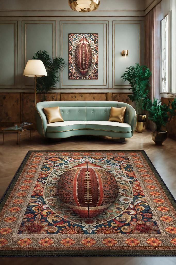 Homshtag Amerikan Futbolu Desenli Halı Çok Renkli Halı Spor Severe Hediye Halı Spor Sever İçin Çiçekli Halı