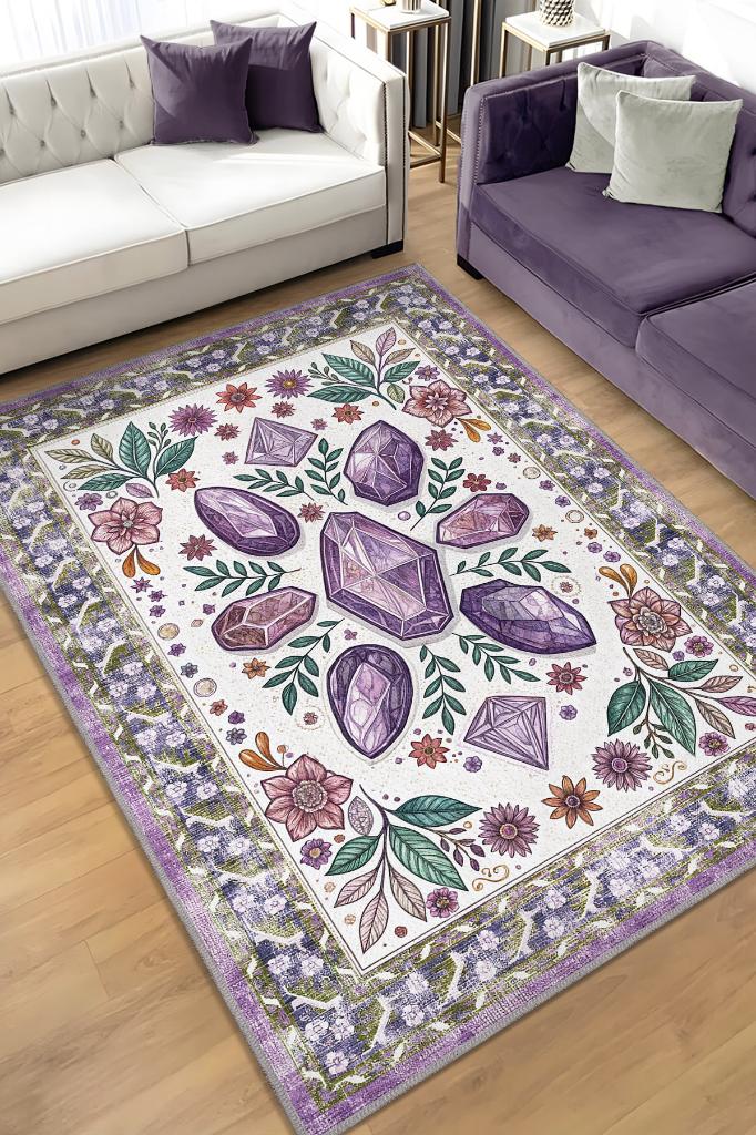 Homshtag Ametist Taşı Halısı Mor Renkli Enerji Taşı Figürlü Halı Spiritüel Temalı Modern Halı