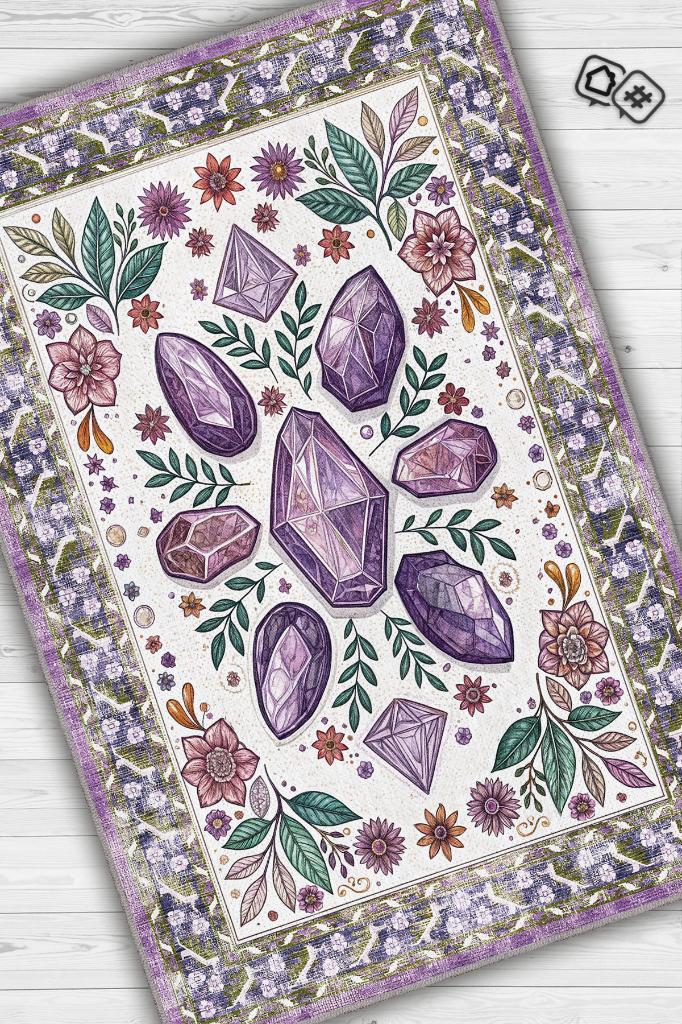 Homshtag Ametist Taşı Halısı Mor Renkli Enerji Taşı Figürlü Halı Spiritüel Temalı Modern Halı