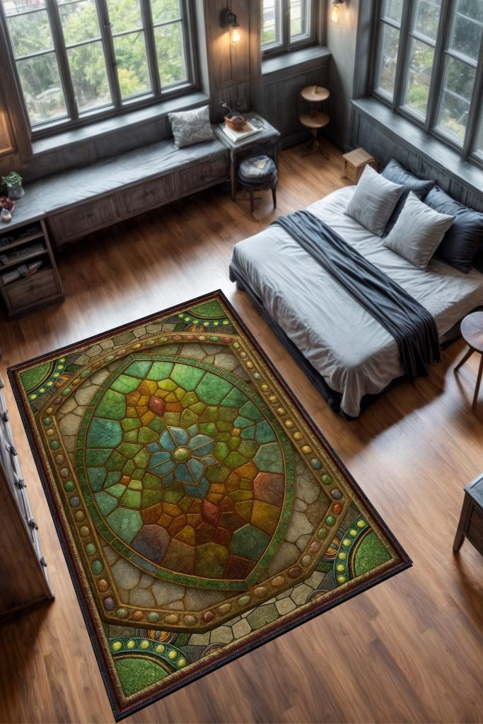 Homshtag Ammolite Taşı Halısı Yeşil Renk Enerji Taşı Figürlü Halı Spiritüel Temalı Modern Halı