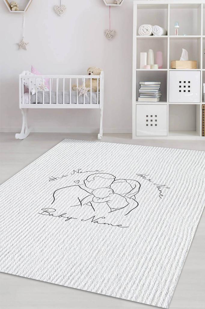 Homshtag Anne Baba Bebek Kişiye Özel Kişiselleştirilebilir Dokuma Tabanlı Yıkanabilir Ev Halısı