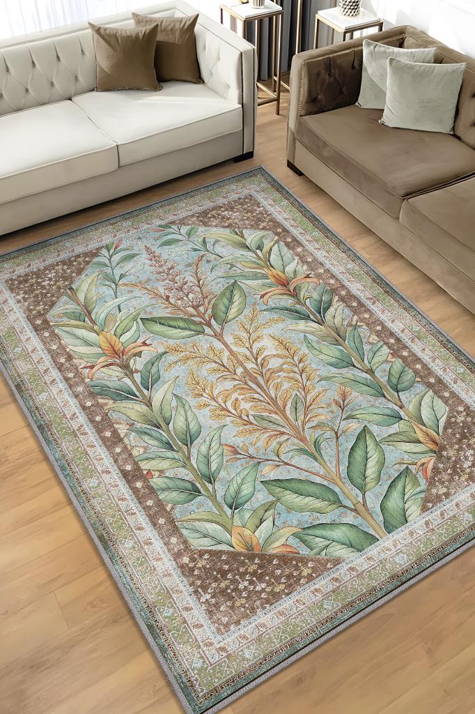 Homshtag Art Deco Ada Çayı Bitki Temalı Soft Yeşil Renkli Etnik Desenli Dijital Baskılı Çiçekli Halı