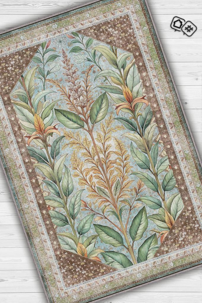 Homshtag Art Deco Ada Çayı Bitki Temalı Soft Yeşil Renkli Etnik Desenli Dijital Baskılı Çiçekli Halı
