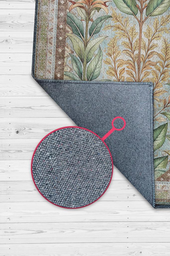 Homshtag Art Deco Ada Çayı Bitki Temalı Soft Yeşil Renkli Etnik Desenli Dijital Baskılı Çiçekli Halı