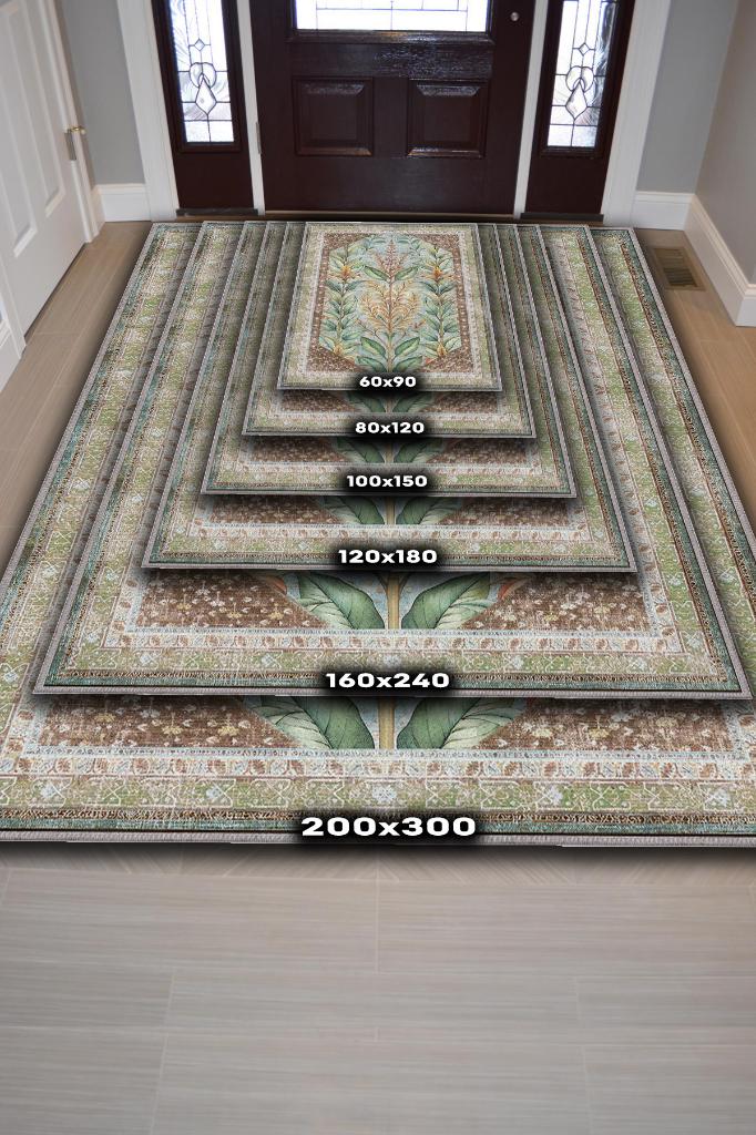 Homshtag Art Deco Ada Çayı Bitki Temalı Soft Yeşil Renkli Etnik Desenli Dijital Baskılı Çiçekli Halı