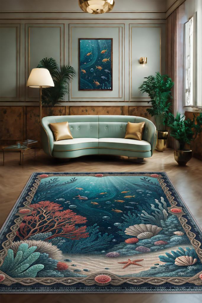 Homshtag Art Deco Akvaryum Desenli Halı Bitki Temalı Mavi Akvaryum Desenli Dijital Baskı Halı