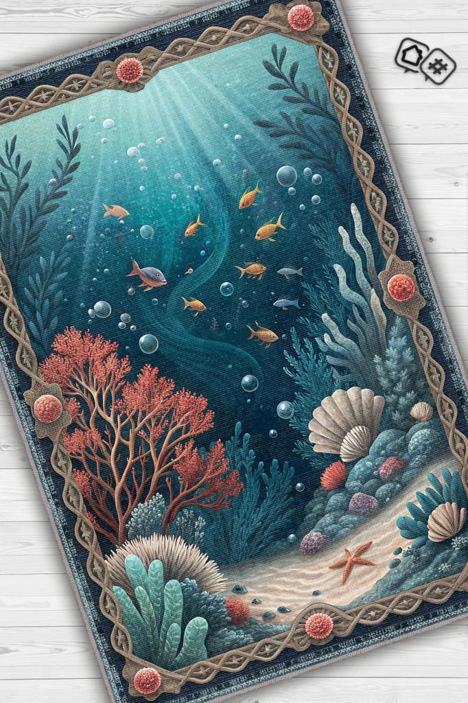 Homshtag Art Deco Akvaryum Desenli Halı Bitki Temalı Mavi Akvaryum Desenli Dijital Baskı Halı