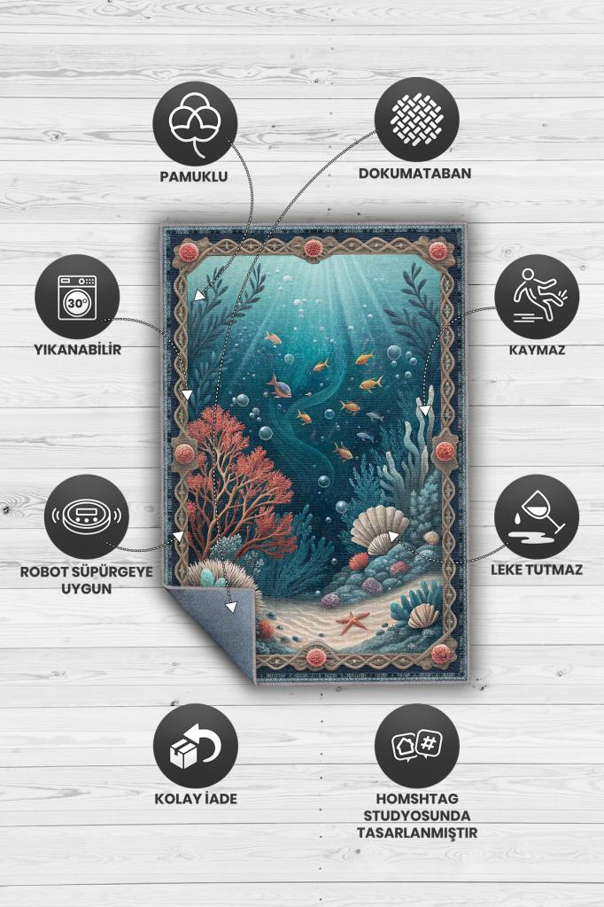 Homshtag Art Deco Akvaryum Desenli Halı Bitki Temalı Mavi Akvaryum Desenli Dijital Baskı Halı