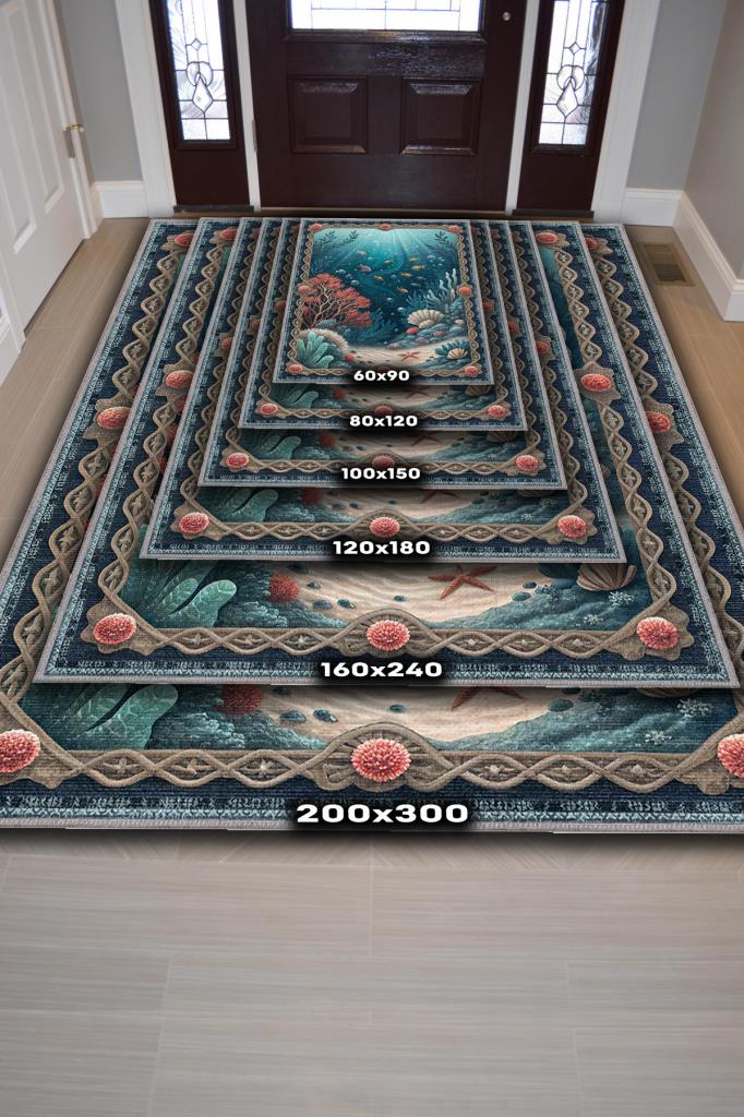 Homshtag Art Deco Akvaryum Desenli Halı Bitki Temalı Mavi Akvaryum Desenli Dijital Baskı Halı