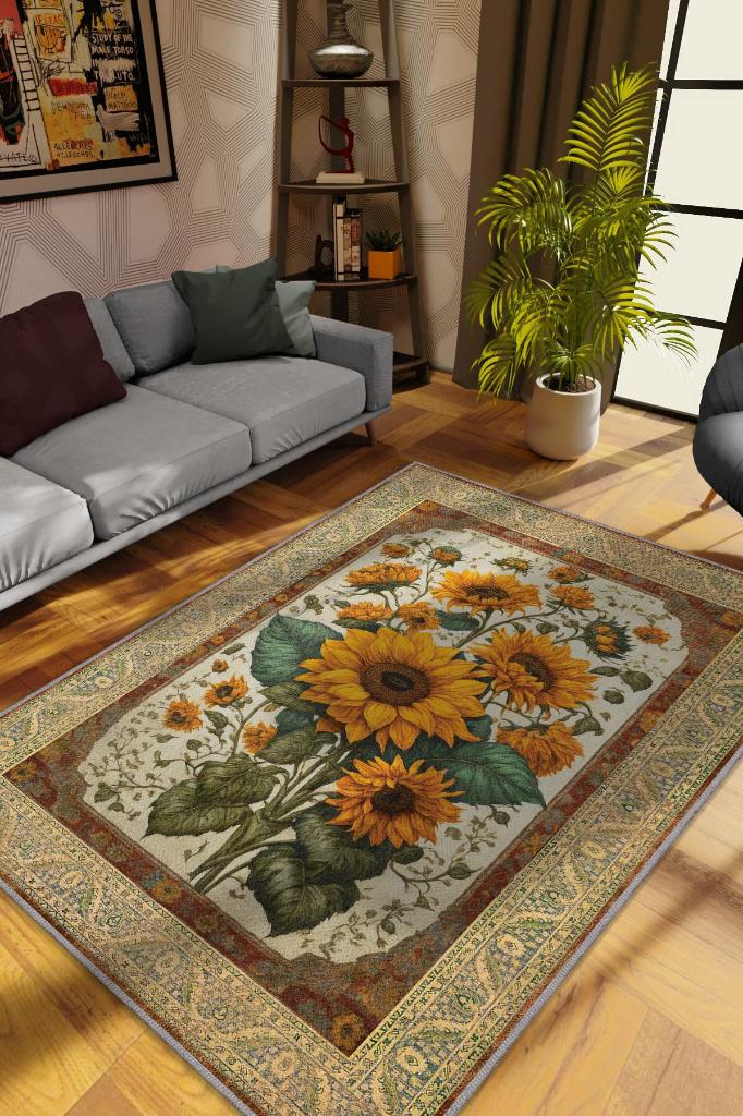 Homshtag Art Deco Ay Çiçeği Vintage Halı Görünümlü Dijital Baskı Çok Renkli Halı,Rustik Çiçekli Halı