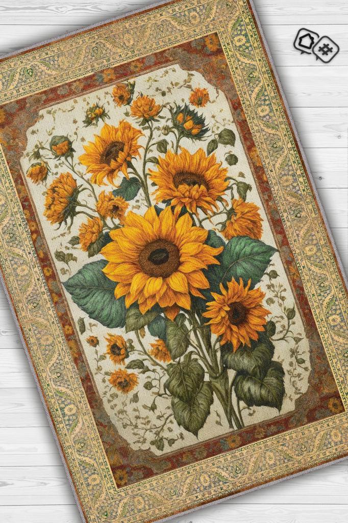 Homshtag Art Deco Ay Çiçeği Vintage Halı Görünümlü Dijital Baskı Çok Renkli Halı,Rustik Çiçekli Halı