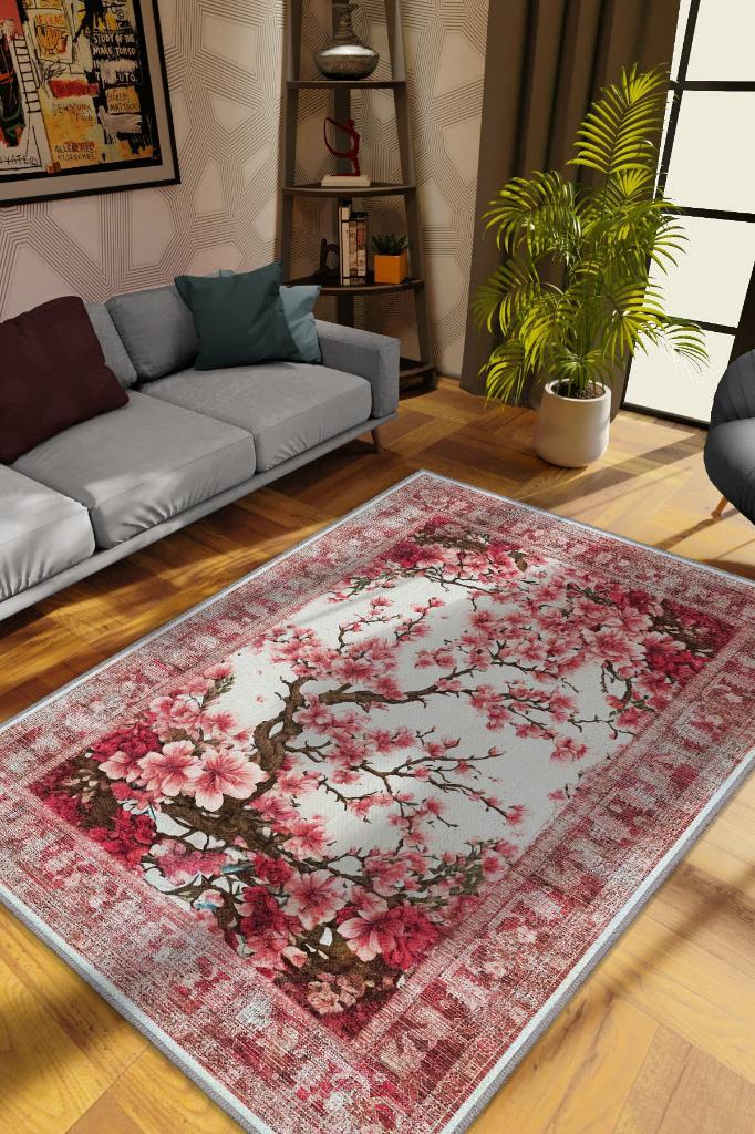 Homshtag Art Deco Bahar Çiçekleri Vintage Halı Görünümlü Dijital Baskı Pembe Halı,Rustik Çiçekli Halı