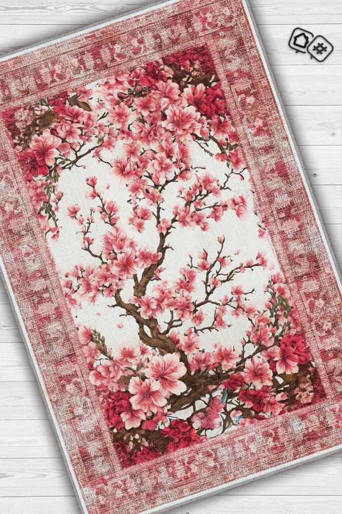 Homshtag Art Deco Bahar Çiçekleri Vintage Halı Görünümlü Dijital Baskı Pembe Halı,Rustik Çiçekli Halı