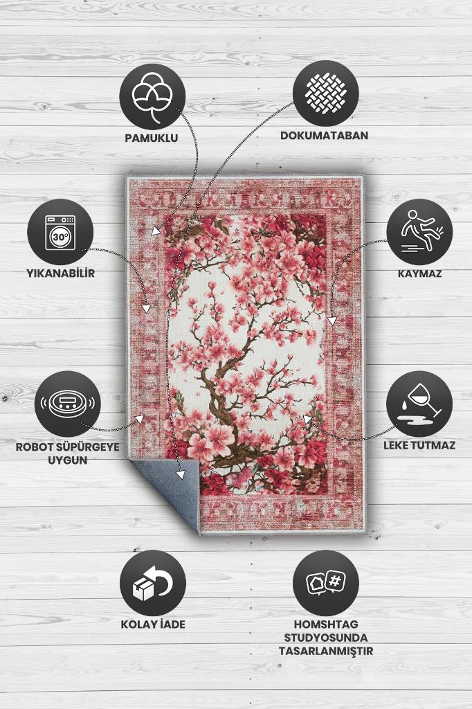 Homshtag Art Deco Bahar Çiçekleri Vintage Halı Görünümlü Dijital Baskı Pembe Halı,Rustik Çiçekli Halı