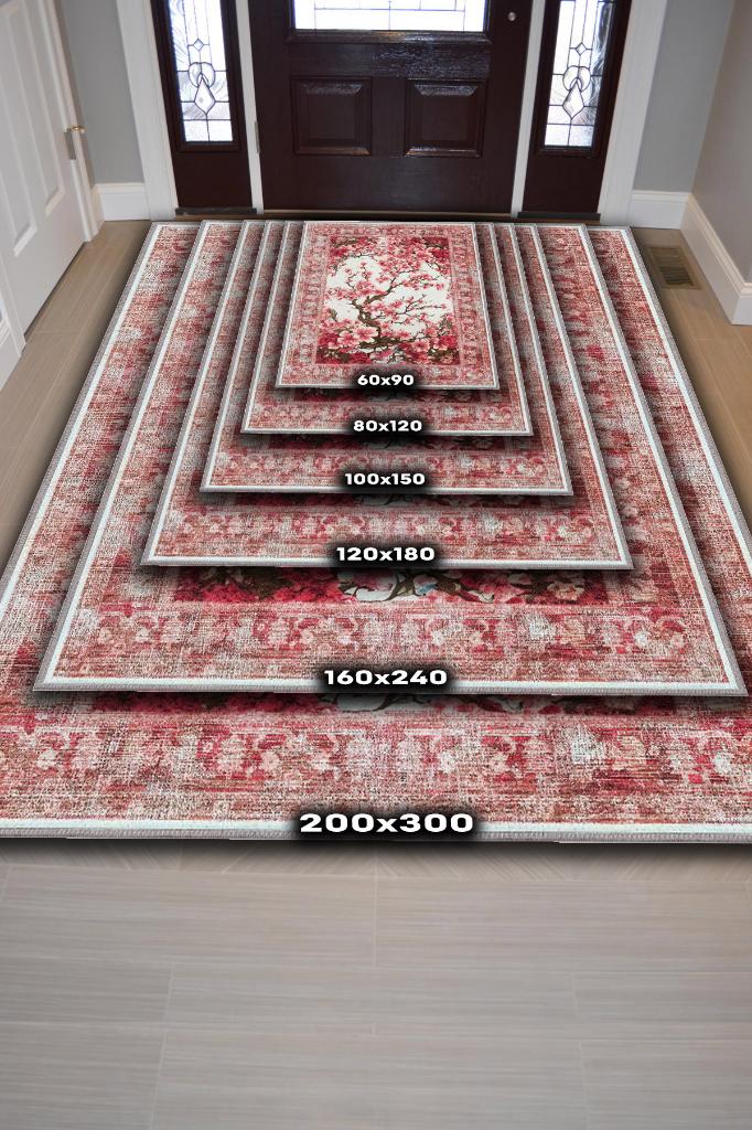 Homshtag Art Deco Bahar Çiçekleri Vintage Halı Görünümlü Dijital Baskı Pembe Halı,Rustik Çiçekli Halı