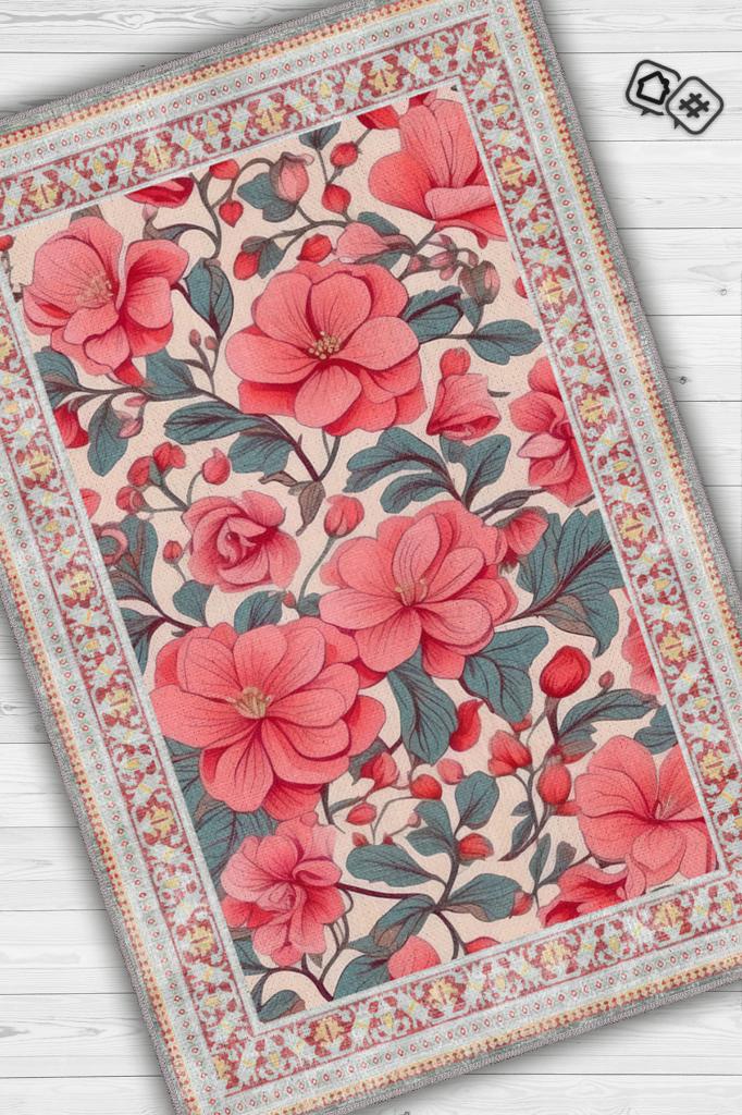 Homshtag Art Deco Begonya Vintage Halı Görünümlü Dijital Baskı Renkli Halı Rustik Çiçekli Halı