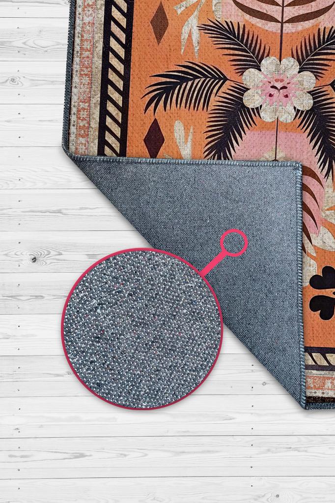 Homshtag Art Deco Bitki Temalı Turuncu Siyah Etnik Desenli Halı Dijital Baskı Rustik Çiçekli Halı