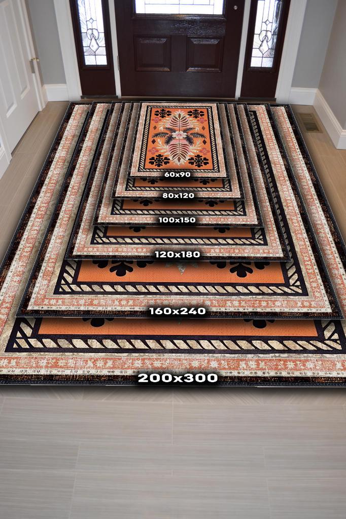 Homshtag Art Deco Bitki Temalı Turuncu Siyah Etnik Desenli Halı Dijital Baskı Rustik Çiçekli Halı