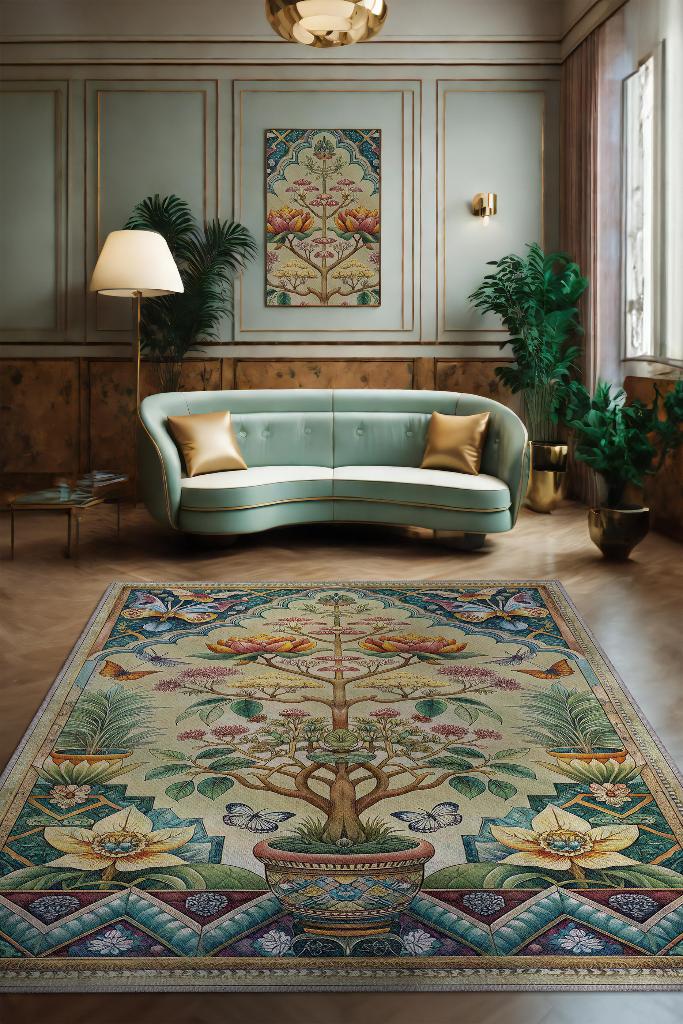 Homshtag Art Deco Bonzai Ağacı Halısı Bitki Temalı Soft Yeşil Renk Etnik Dijital Baskı Çiçekli Halı