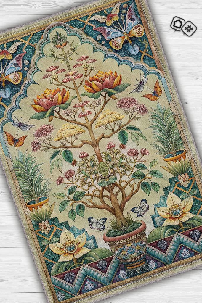 Homshtag Art Deco Bonzai Ağacı Halısı Bitki Temalı Soft Yeşil Renk Etnik Dijital Baskı Çiçekli Halı