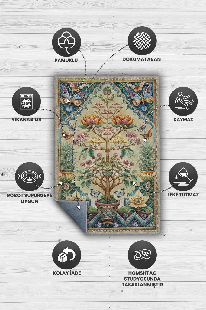 Homshtag Art Deco Bonzai Ağacı Halısı Bitki Temalı Soft Yeşil Renk Etnik Dijital Baskı Çiçekli Halı