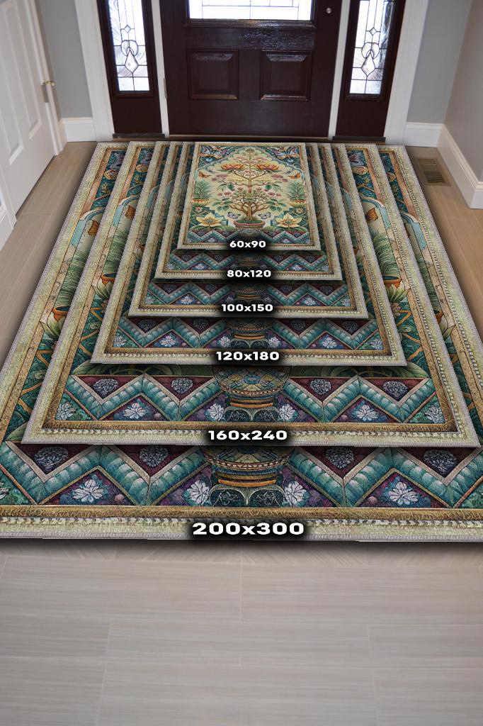 Homshtag Art Deco Bonzai Ağacı Halısı Bitki Temalı Soft Yeşil Renk Etnik Dijital Baskı Çiçekli Halı