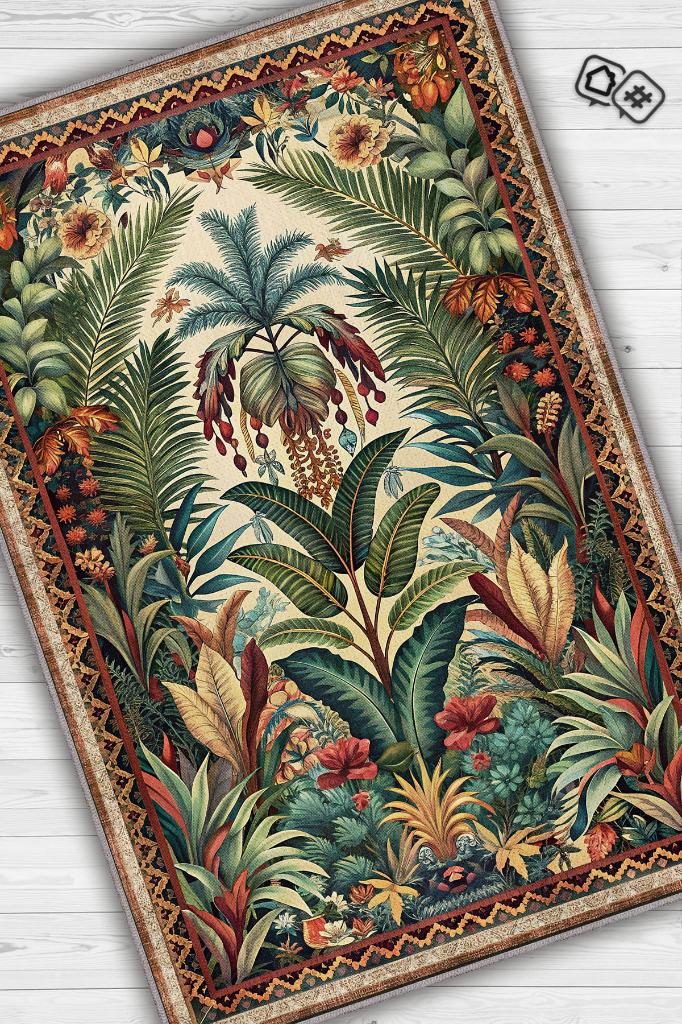 Homshtag Art Deco Botanik Orman Vintage Halı Görünümlü Dijital Baskı Yeşil Renk Rustik Çiçekli Halı