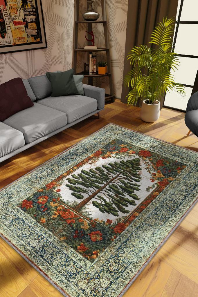Homshtag Art Deco Çam Ağacı Vintage Halı Görünümlü Dijital Baskı Renkli Halı,Rustik Çiçekli Halı
