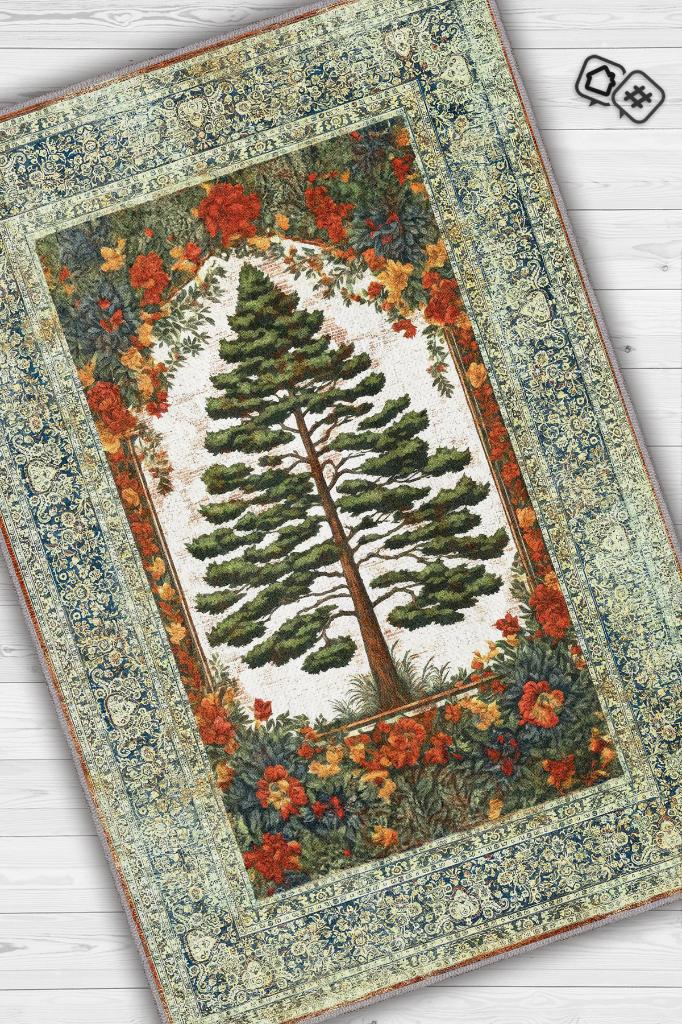 Homshtag Art Deco Çam Ağacı Vintage Halı Görünümlü Dijital Baskı Renkli Halı,Rustik Çiçekli Halı
