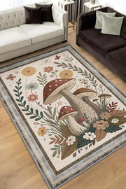 Homshtag Art Deco Çiçekli Mantar Desenli Halı Bitki Temalı Krem Renkli Modern Dijital Baskı Halı