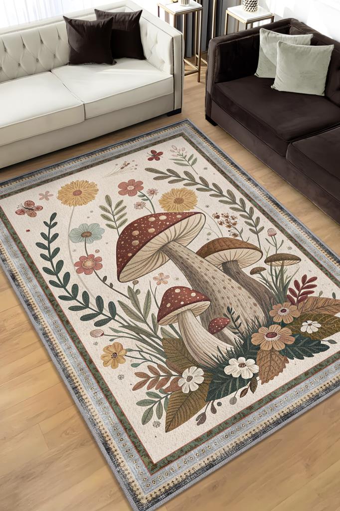 Homshtag Art Deco Çiçekli Mantar Desenli Halı Bitki Temalı Krem Renkli Modern Dijital Baskı Halı