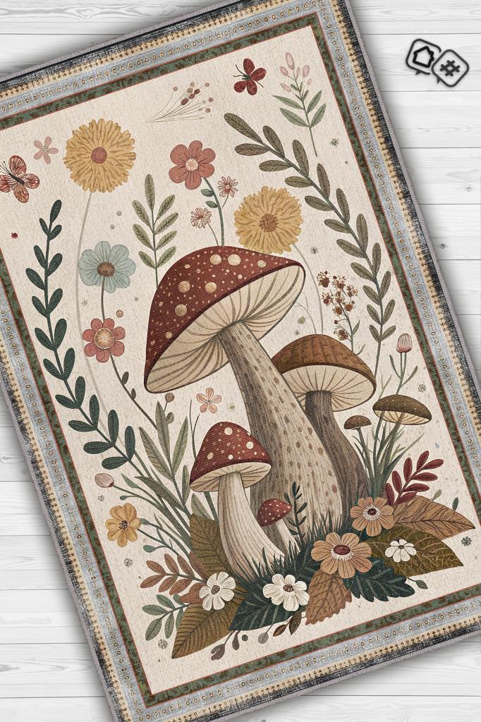 Homshtag Art Deco Çiçekli Mantar Desenli Halı Bitki Temalı Krem Renkli Modern Dijital Baskı Halı