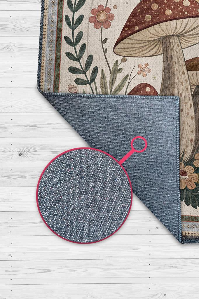 Homshtag Art Deco Çiçekli Mantar Desenli Halı Bitki Temalı Krem Renkli Modern Dijital Baskı Halı