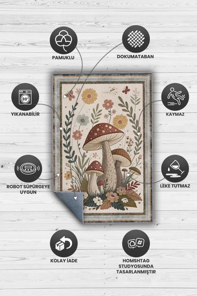 Homshtag Art Deco Çiçekli Mantar Desenli Halı Bitki Temalı Krem Renkli Modern Dijital Baskı Halı