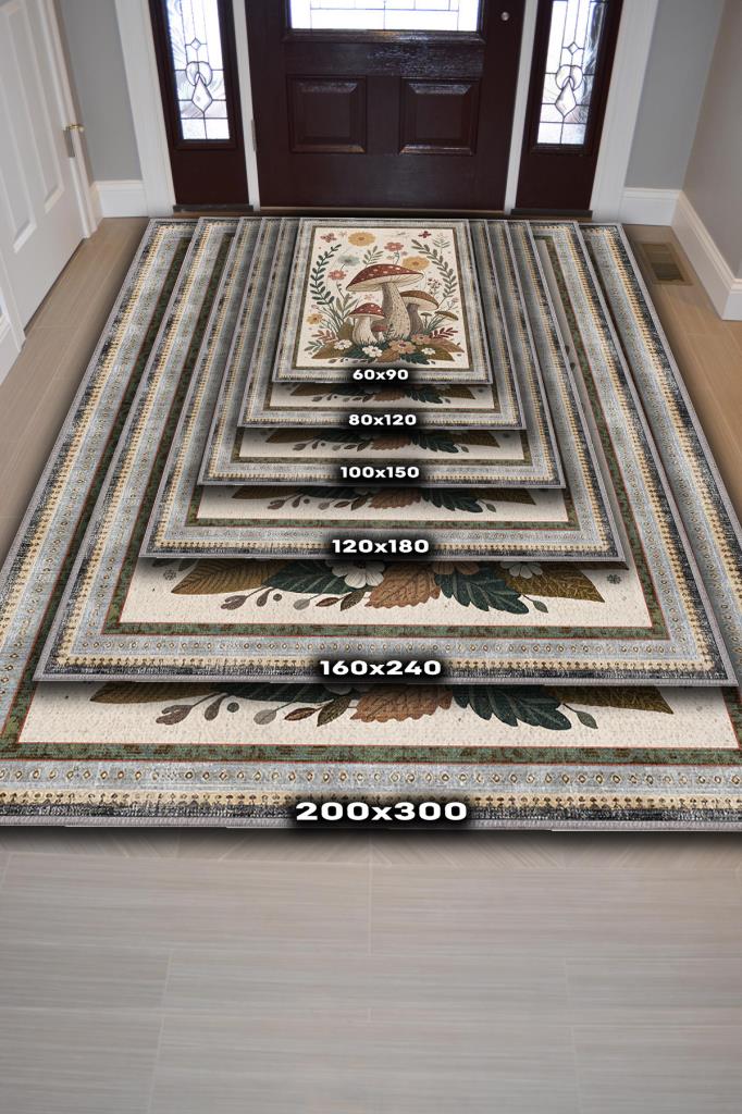 Homshtag Art Deco Çiçekli Mantar Desenli Halı Bitki Temalı Krem Renkli Modern Dijital Baskı Halı