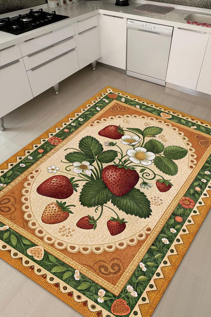 Homshtag Art Deco Çilek Desenli Halı Bitki Temalı Çok Renkli Modern Çilek Desenli Dijital Baskı Halı
