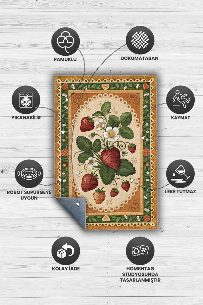 Homshtag Art Deco Çilek Desenli Halı Bitki Temalı Çok Renkli Modern Çilek Desenli Dijital Baskı Halı