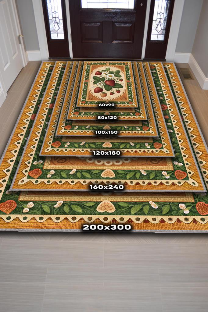 Homshtag Art Deco Çilek Desenli Halı Bitki Temalı Çok Renkli Modern Çilek Desenli Dijital Baskı Halı