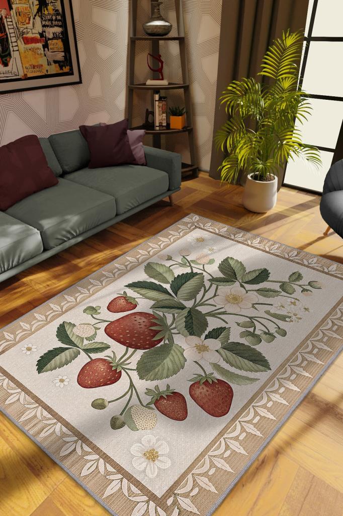 Homshtag Art Deco Çilek Desenli Halı Bitki Temalı Krem Renk Modern Çilek Desenli Dijital Baskı Halı