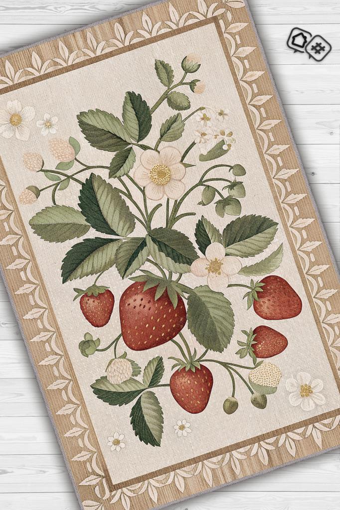 Homshtag Art Deco Çilek Desenli Halı Bitki Temalı Krem Renk Modern Çilek Desenli Dijital Baskı Halı