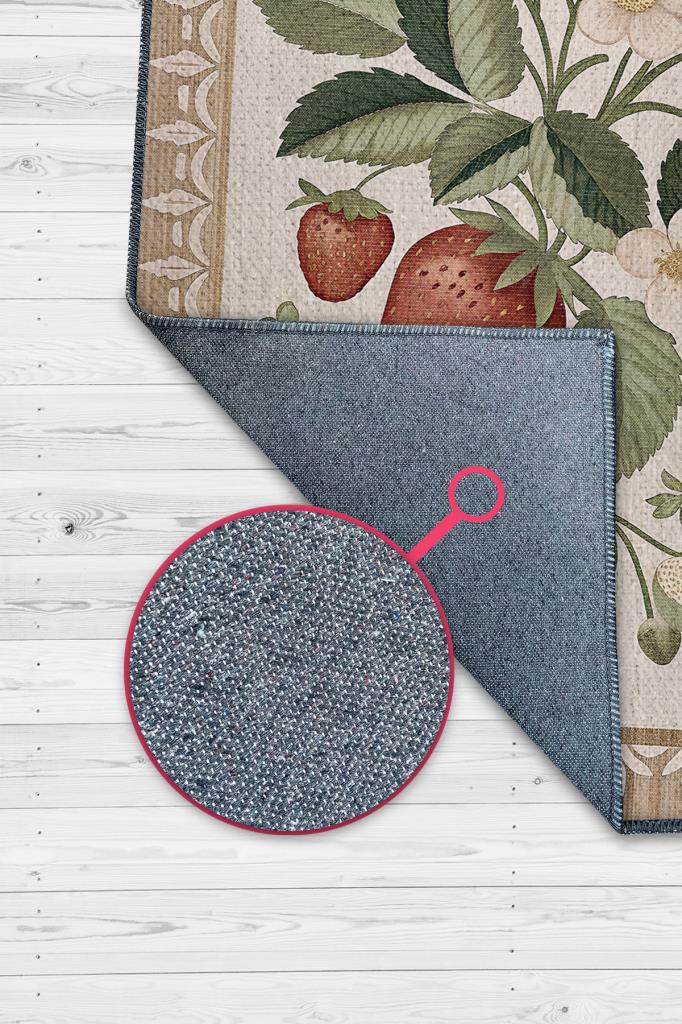 Homshtag Art Deco Çilek Desenli Halı Bitki Temalı Krem Renk Modern Çilek Desenli Dijital Baskı Halı