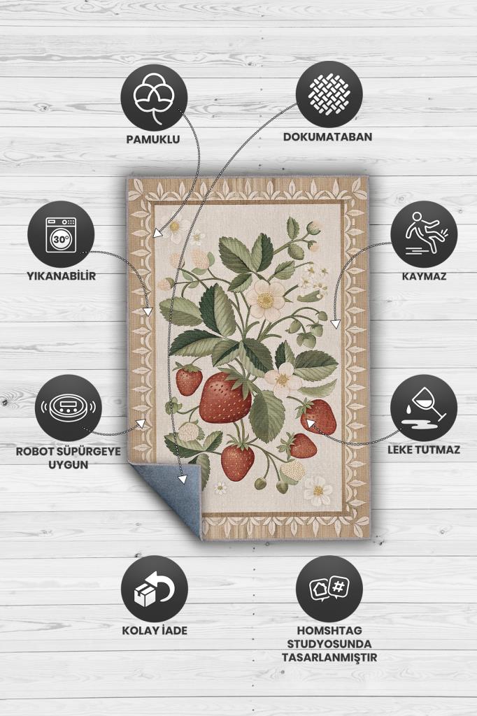 Homshtag Art Deco Çilek Desenli Halı Bitki Temalı Krem Renk Modern Çilek Desenli Dijital Baskı Halı