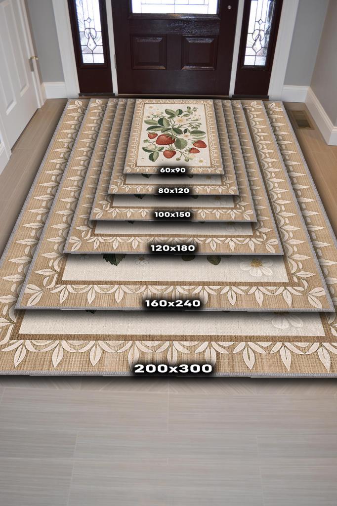 Homshtag Art Deco Çilek Desenli Halı Bitki Temalı Krem Renk Modern Çilek Desenli Dijital Baskı Halı